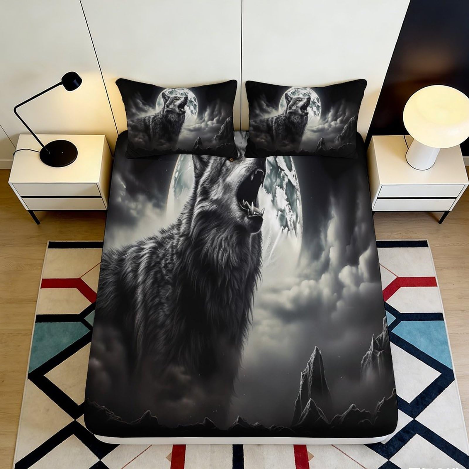 3D Printed Wolf Mountain Fitted Sheet Microfiber Soft Breathable Dark Forest Mattress Cover for Bedroom Guest Room Decor 90x200x25cm