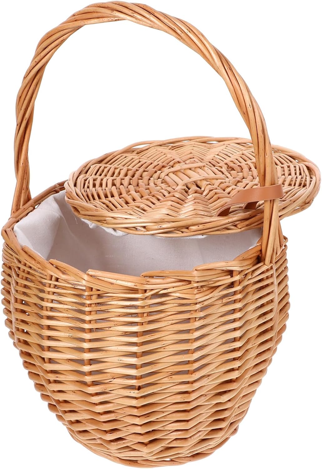 Luxshiny Wicker Picnic Basket with Liner, Round Woven Basket with Lid Handle Small Pocket Country Vintage Wedding Girl Basket Willow Handbag Outdoor Picnic Hamper A