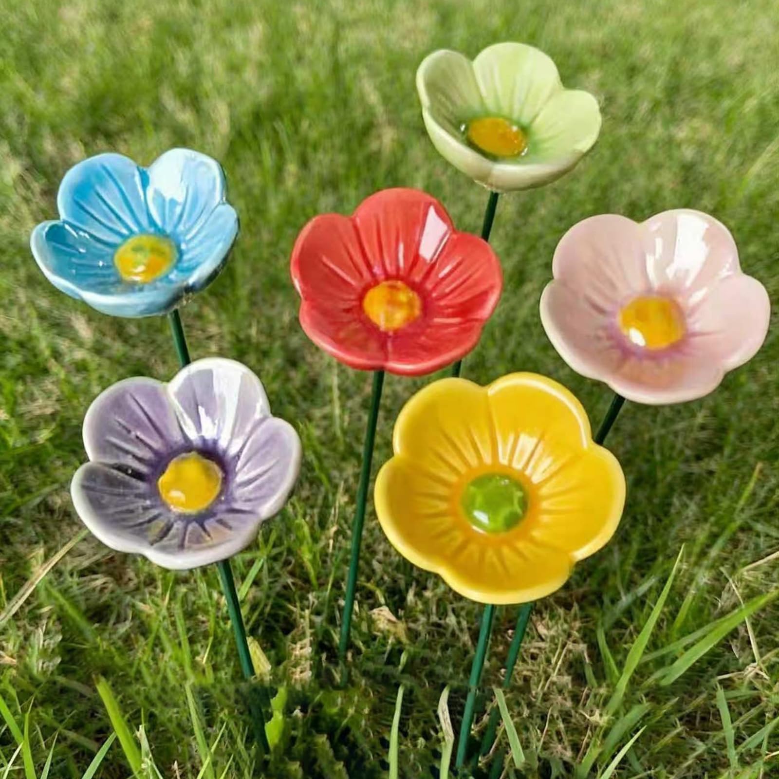 Multicolor 11 Inch Ceramic Bee Cups For Garden, Flower-Shaped Bee Watering Station, Butterfly & Pollinators Water Feeder, No Tool Required, Outdoor Bees Bath Bowl Gardens Stakes For Lawn Yard Patio