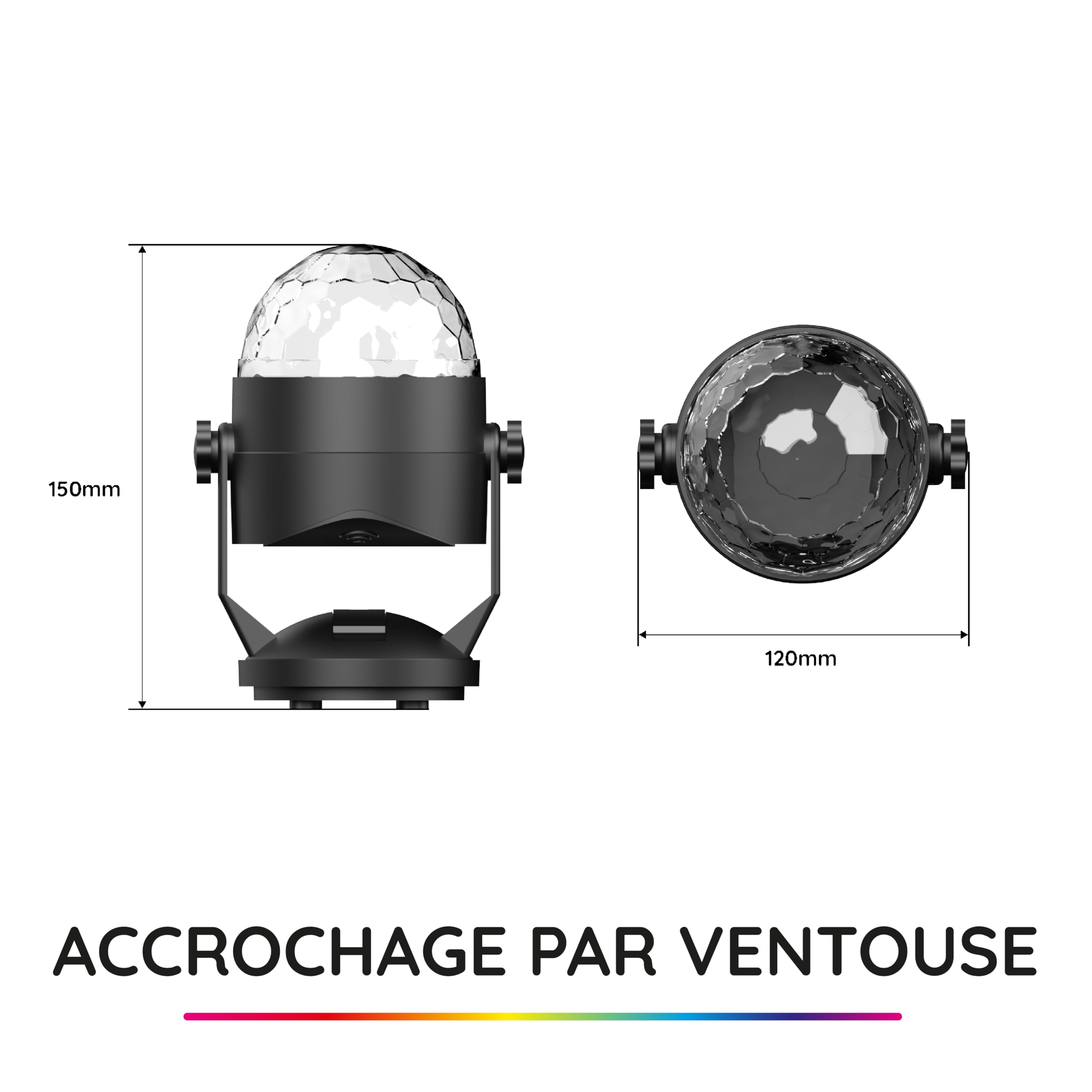 R-MUSIC – DISCO BALL – Boule Disco + Télécommande – Rotation 180° – Lumière de scène, 6 motifs animés au rythme du son – Effet de lumière LED RGB – Accrochage par ventouse – Pour Fête, DJ, Bar, Club