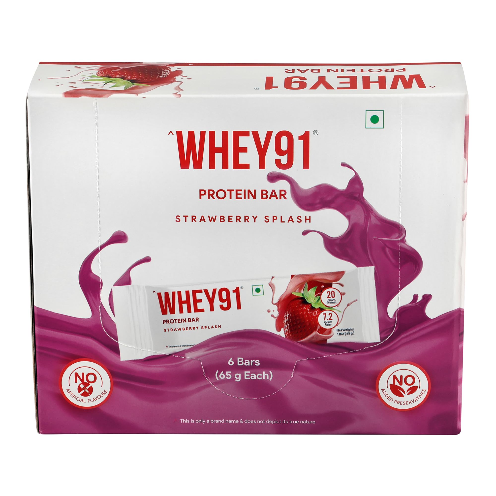 Whey91 Protein Bar | 20g Protein & 8g Fiber per Bar | Protein |Immunity Booster Lactoferrin | No Artificial Flavours | Pack of 6 Bars- 390g (Strawberry Splash)