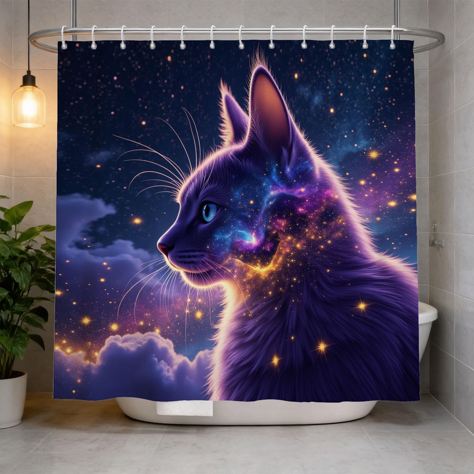 Hongduo 3D Cat Constellation Shower Curtain for Stalls Bathtubs Galaxy Bathroom Decor Shower Curtain Set Polyester Fabric Waterproof 120x180cm/48X71 Inch with Hooks