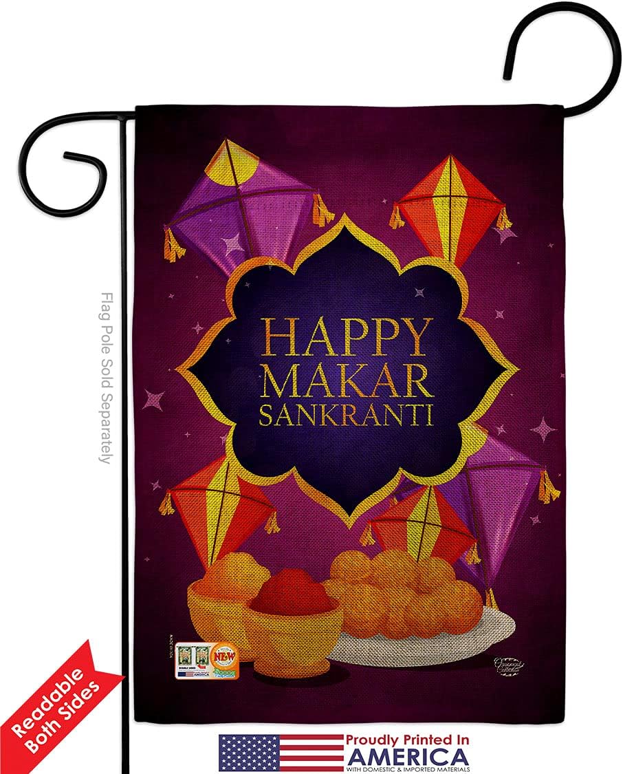 Happy Makar Sankranti Burlap Burlap Garden Flag Set Wall Holder Celebration Uttarayan Maghi Festival Day Kite Flying Bonfires Small Decorative Gift Yard House Banner Double-Sided Made In USA 13 X 18.5