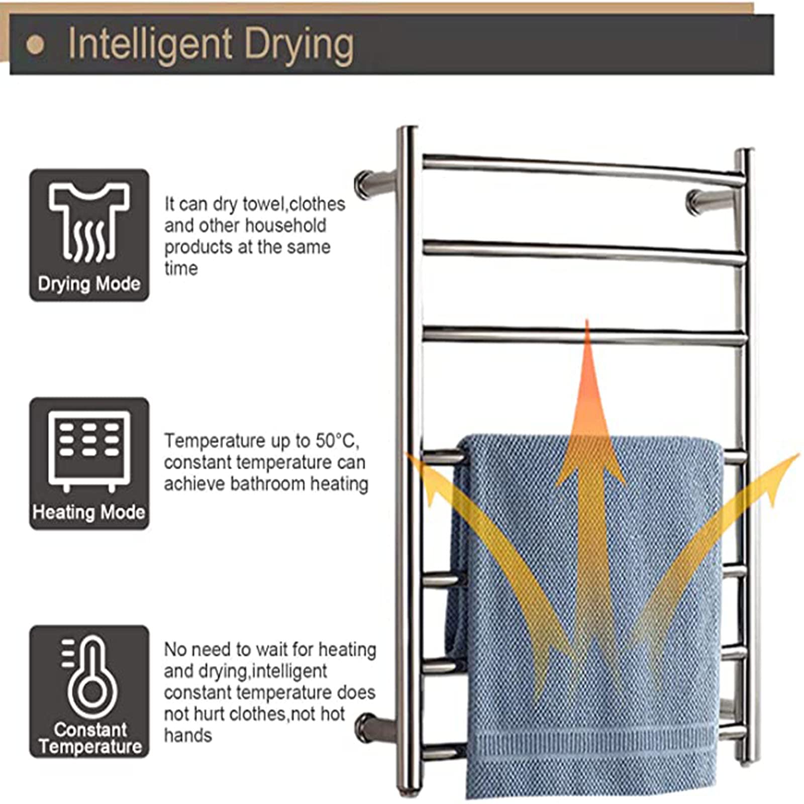 ZQFIDFYR Heated Towel Rack Radiator, 7 Bars Electric Towel Warmer Bathroom Drying Rack, Polished Stainless Steel Heated Towel Rail, Energy Efficient 65W, Wall Mounted (Plug in)