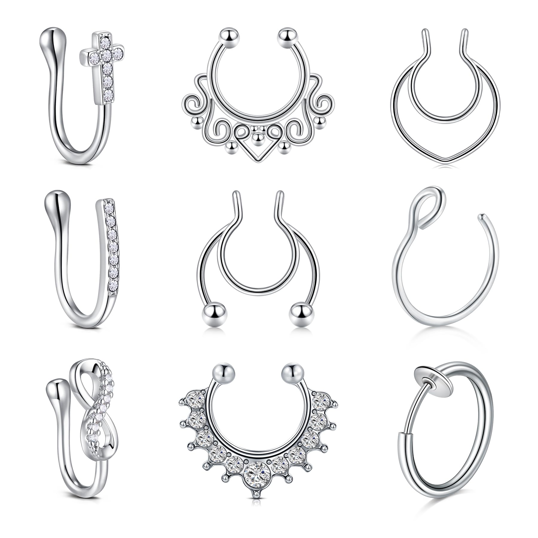 Yolev 9 stuks nep-neusringen, nep-neusring hoepel roestvrijstalen neusring voor faux lip septum neusring, set niet-piercende lipringen, Roestvrij staal Yolev 9 stuks nep-neusringen, nep-neusring hoepel roestvrijstalen neusring voor faux lip septum neusring, set niet-piercende lipringen, Roestvrij staal