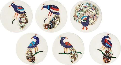 Miniatura 9 de Posavasos de mármol para bebidas, juego de 6 posavasos para bebidas con soporte, arte de pavo real con incrustaciones de mármol, posavasos de lujo