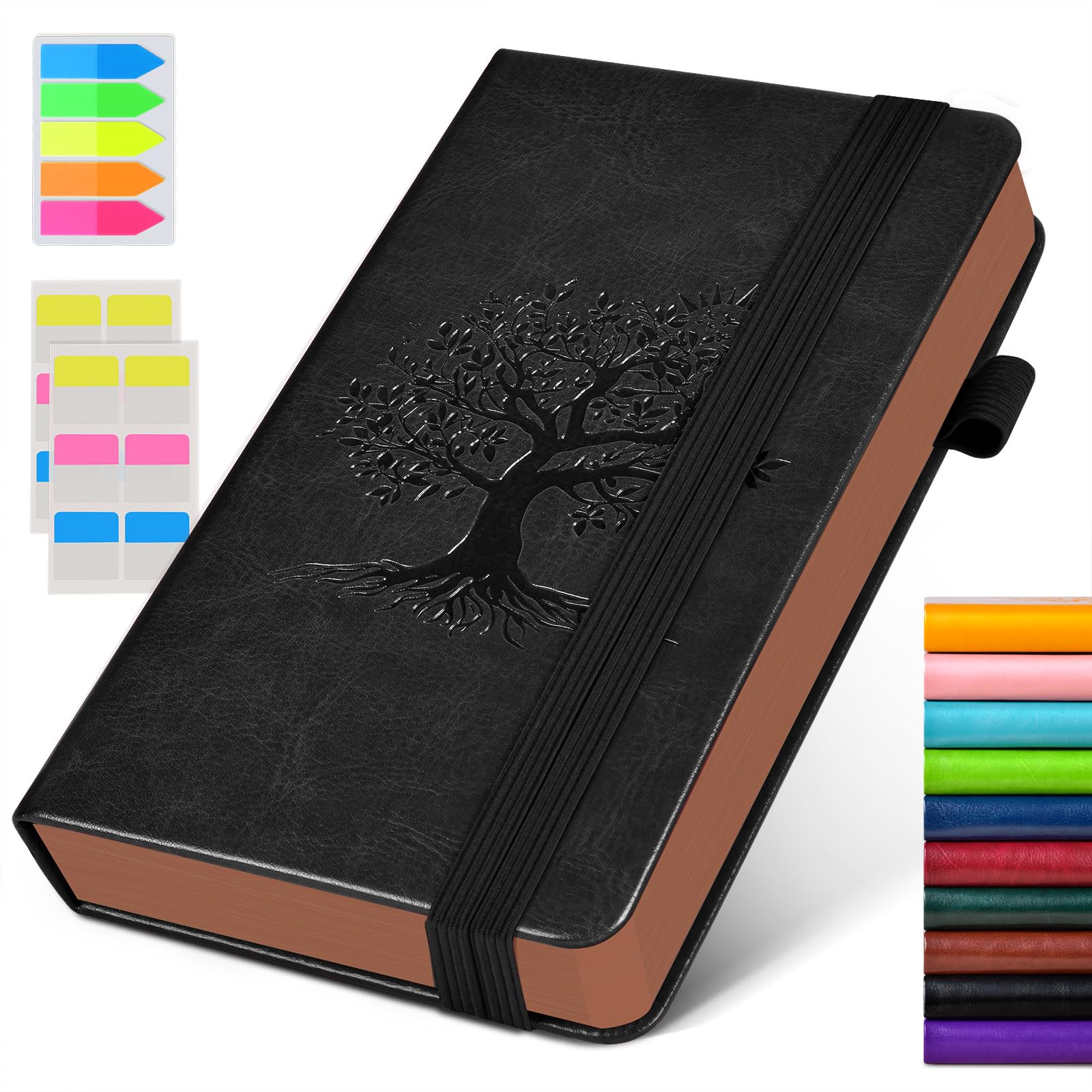 Vintage Leather Journal - 300 Page Lined Journal for Women Men, A6 Small Notebook with 2 Elastic Straps, 3 Ribbons, Pen Holder, Pocket Notebook for Work, Travel, Writing, Daily Diary (3.7" x 6.8")