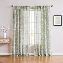 Flax-Blend Sheer Curtains for Living Room Vintage White Floral Printing Drapes on Flax Blend Sheers for Bedroom Windows Sage, 96"-Long Rod Pocket 2 pc