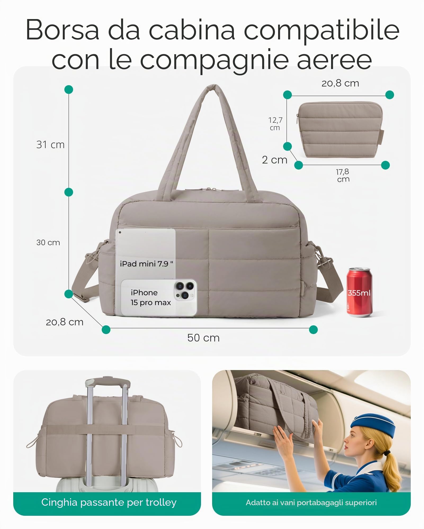 BAGSMART Borsa da viaggio da donna, sportiva, 31 l, impermeabile, con cuscinetto a mano, bagaglio a mano, per il fine settimana, imbottito, con borsa per cosmetici, borsa per malattie, per la palestra