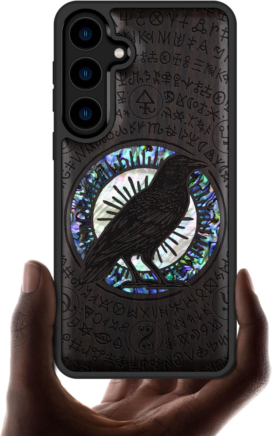 Carveit Designer Wooden Case for Samsung Galaxy S24 Case [Wood Engraving & Shell Inlay] Compatible with Wireless Chargers S24 Cover (Lakes and Mountains-Walnut)