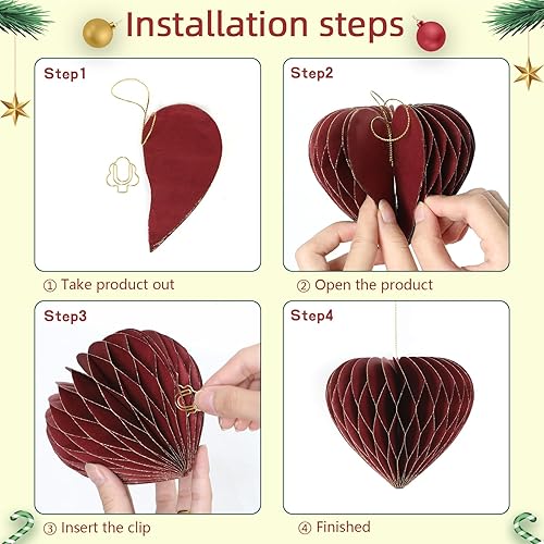 Miniatura 4 de 5 piezas de papel de panal de abeja rojo para decoración de Navidad, 3D con borde de purpurina en forma de corazón, adornos de árbol de Navidad,