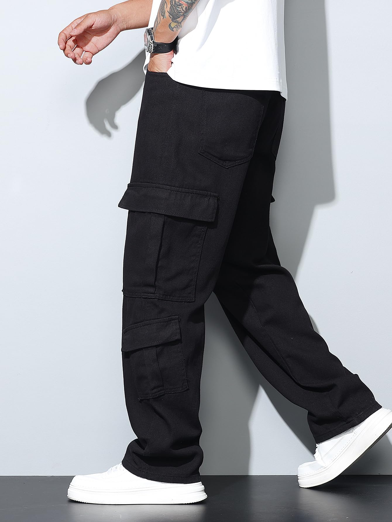 Uomo Casual Baggy Cargo Denim Pants con Tasche Gamba Larga Skater Jeans Y2k Hip Hop Streetwear