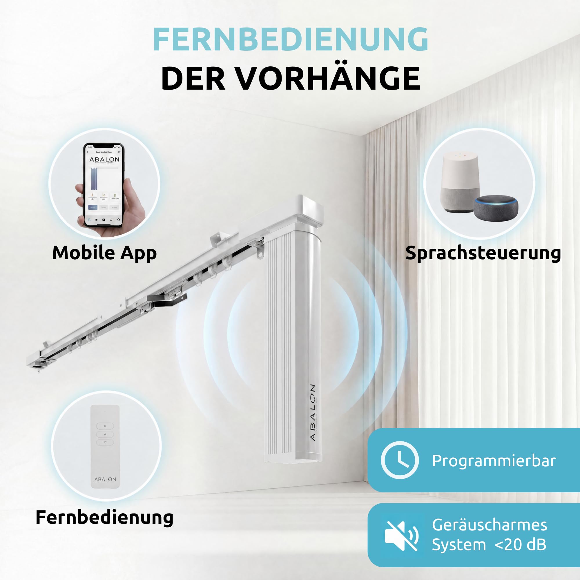 ABALON S-Wave Elektrische Gardinenschiene, WLAN-Motor, kompatibel mit Alexa, Google Home und der Tuya Smart Mobile App, Fernbedienung, Breite bis zu 4 Meter, Weiß
