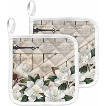 Spring Floral Pot Holders for Kitchen Heatproof Potholder, 2 Pack White Magnolia Flowers Barn Door Farmhouse Beige Hot Pads Multipurpose Oven Pads Cloth Potholders Trivet for Cooking and Baking