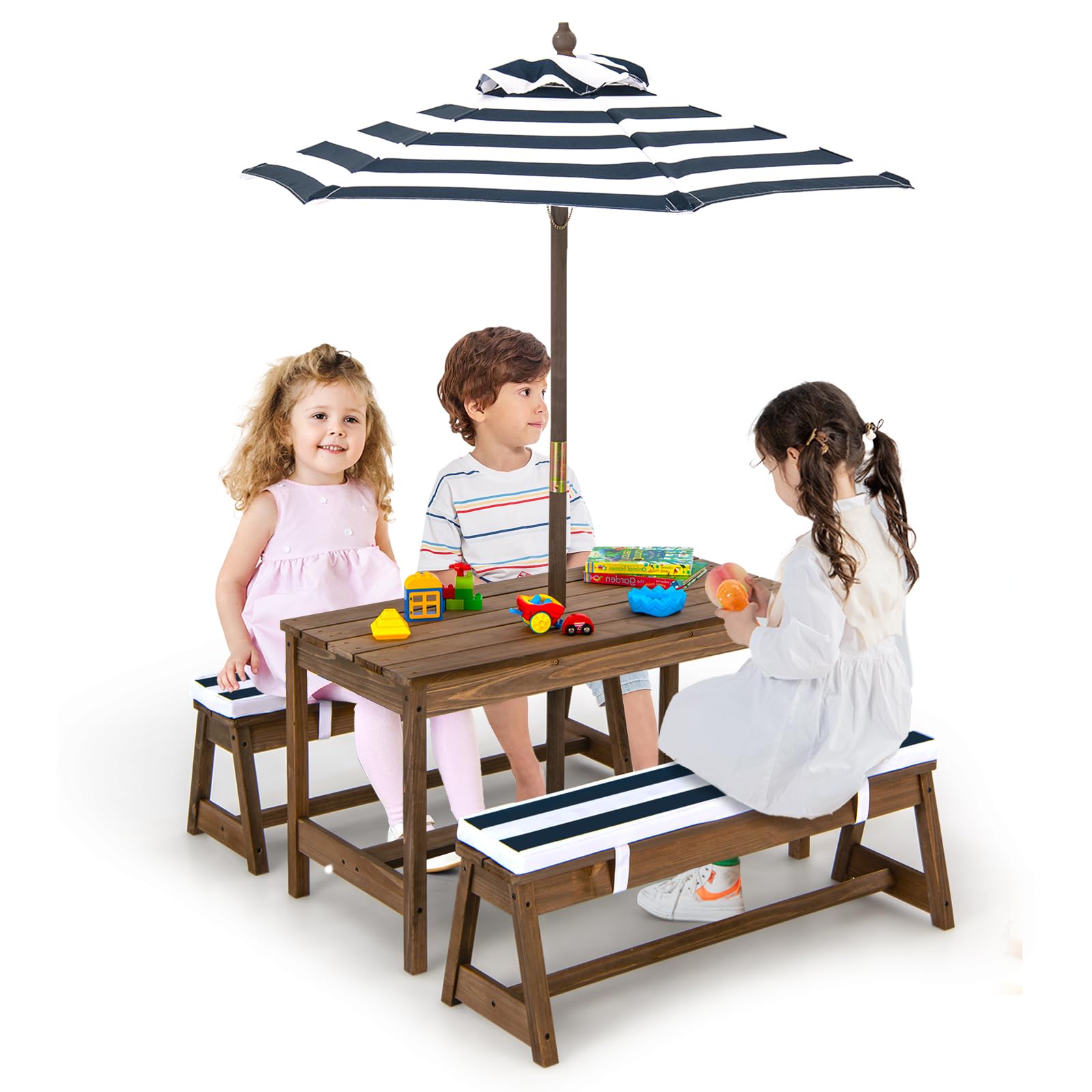 DORTALA Kids Picnic Table, Outdoor Toddler Table and Bench Set with Removable Umbrella & Cushions, Wooden Outdoor Kids Furniture Set, Gift for Toddler Aged 3-8, Blue