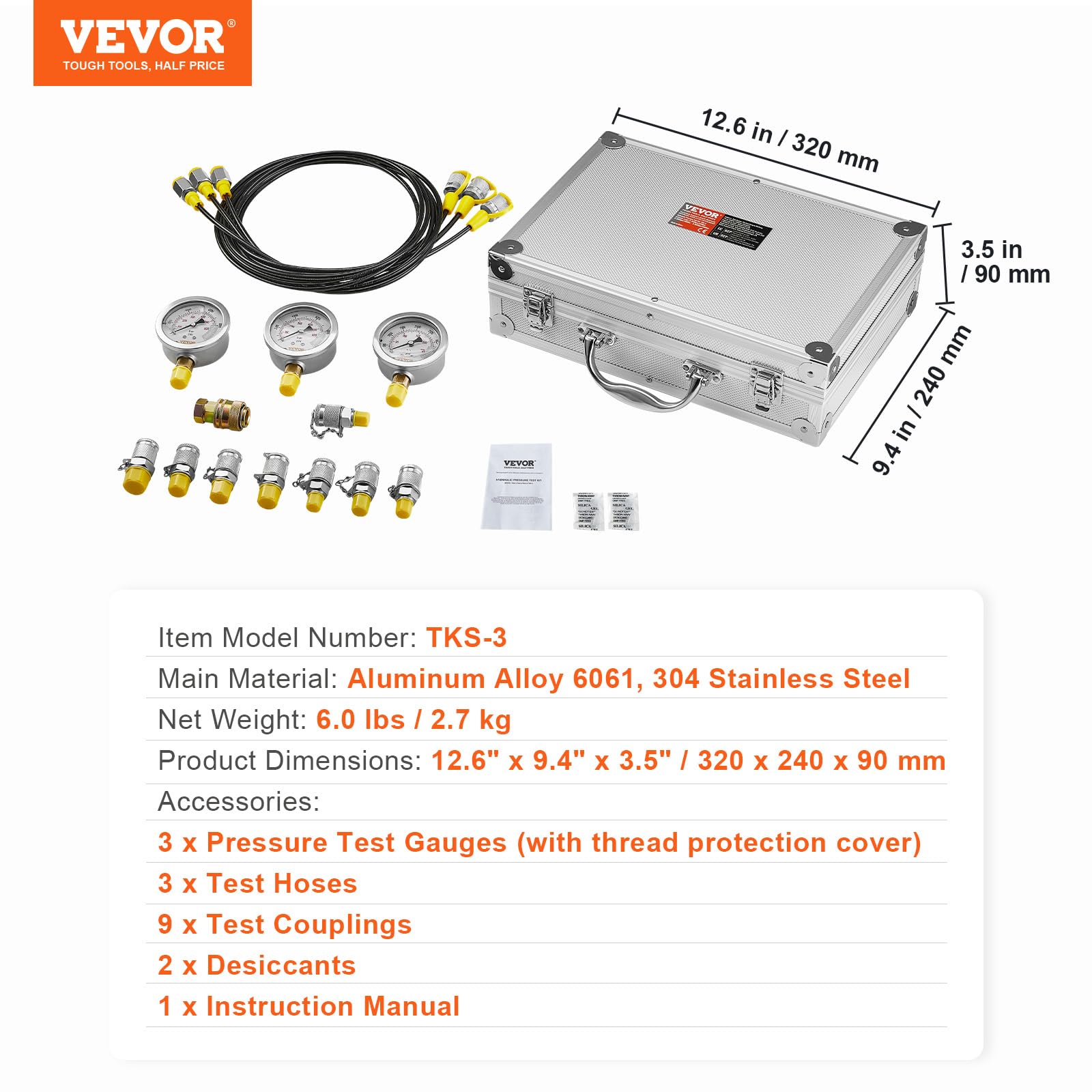 VEVOR Kit per Prova di Pressione Idraulica, 250/400/600 Bar, 3 Manometri 9 Giunti di Prova 3 Tubi di Prova, Set di Misuratori per Prova Idraulica per Escavatori Trattori Macchine Edili