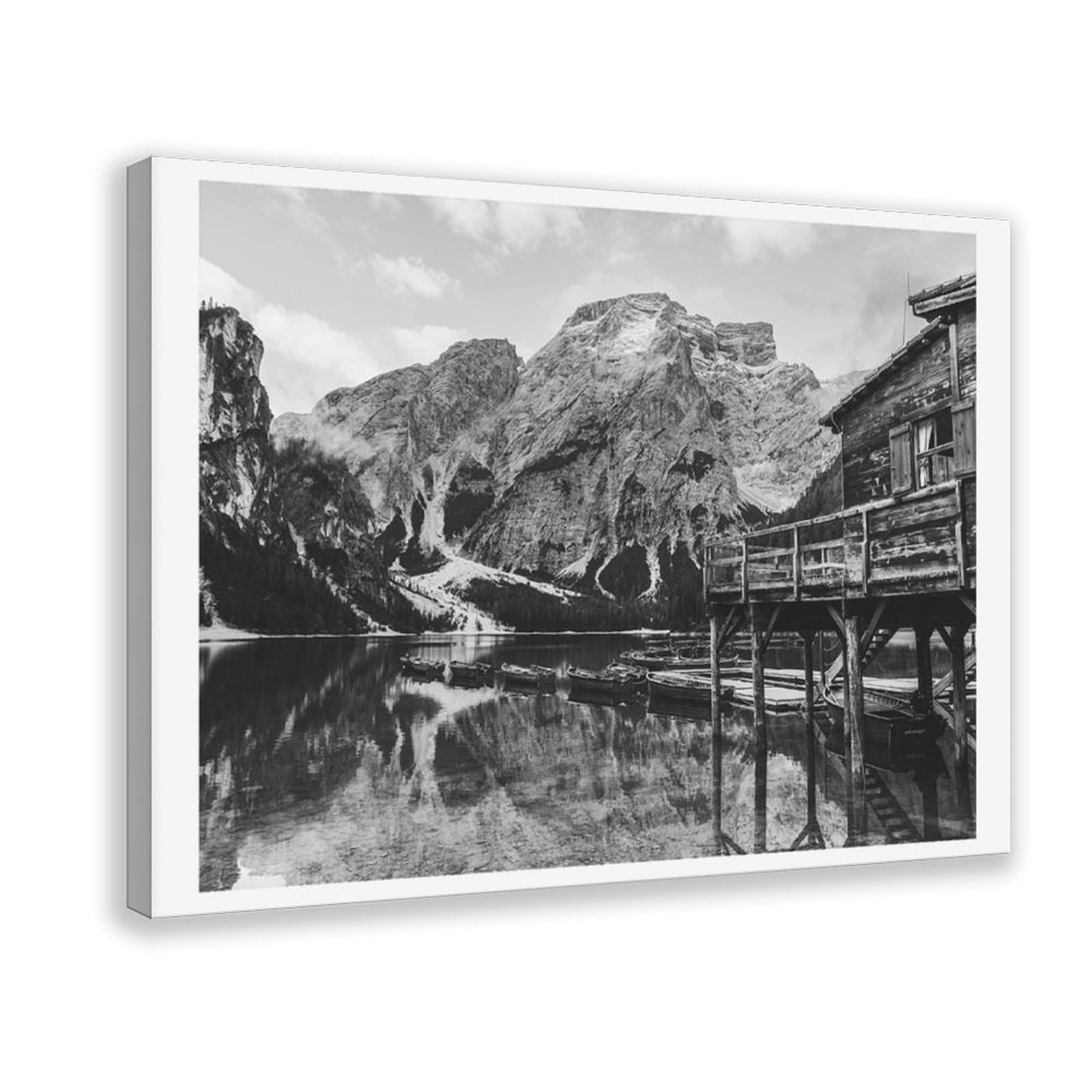 HEYANM Lago Di Braies Print Black And White Dolomites Boathouse Canvas Poster Bedroom Office Room Decor Gift Frame 16x24inch