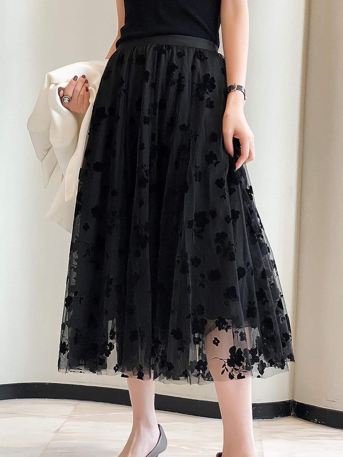 Women's Floral Print Mesh A-Line Midi Skirt 3D Posy Tulle Layered Skirt - Image 4