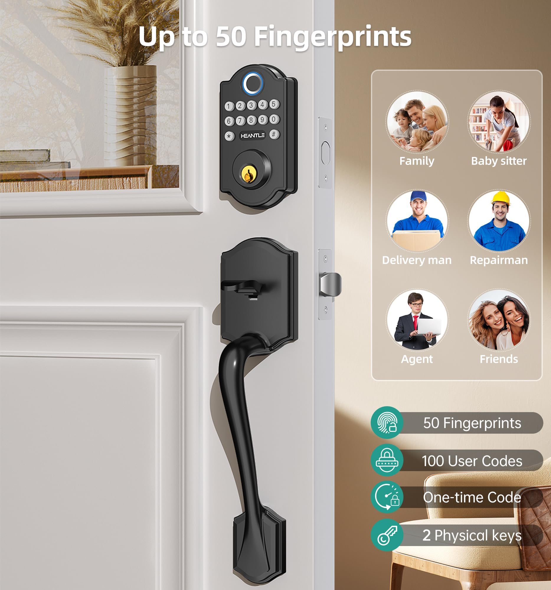 Set di serrature smart WiFi: HEANTLE Keyless Entry Serratura per porta d'ingresso, tastiera digitale elettronica con impronte digitali, chiavistello con maniglie, app telecomando, Alexa Voice
