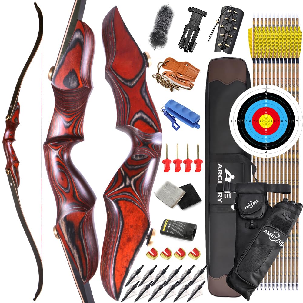 AMEYXGS 58" Arco Ricurvo e Frecce Set ILF Limbs 20-50lb Arco da Caccia Longbow per Adulto Tiro all'aperto Mano Destra