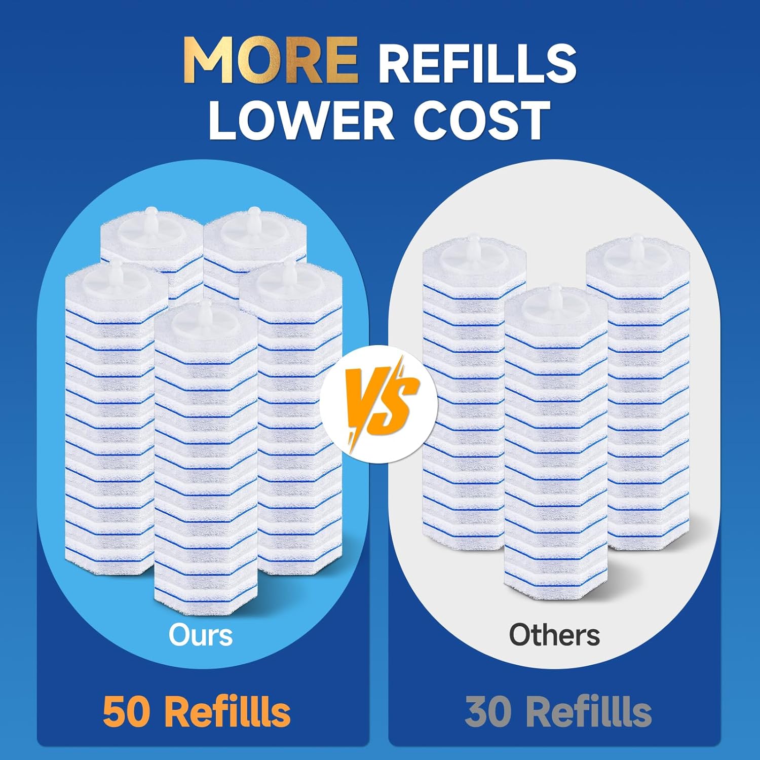 50 Count Toilet Wand Refills for Clorox, 5X Cleaning Power Toilet Bowl Wand Refills & High-Density Disposable Toilet Brush Scrubber - No Falling Apart, Instant Foam for Bathroom Cleaning