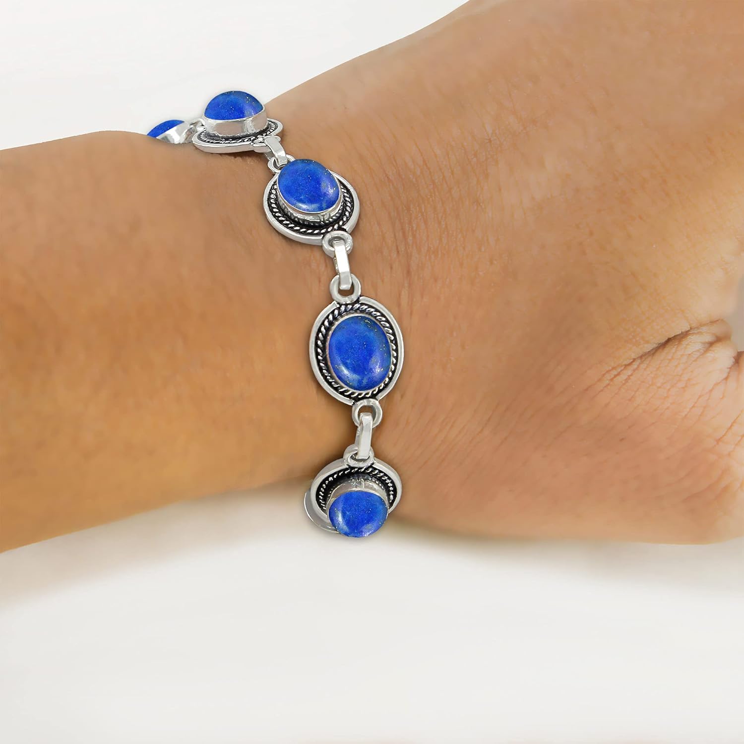 Natural Lapis Lazuli 925 Silver Plated Adjustable link Chain Bracelet for Women - September Birthstone Oval Shape Gemstone Handmade Jewelry Bracelet - Christmas Gifts for Her - Image 5