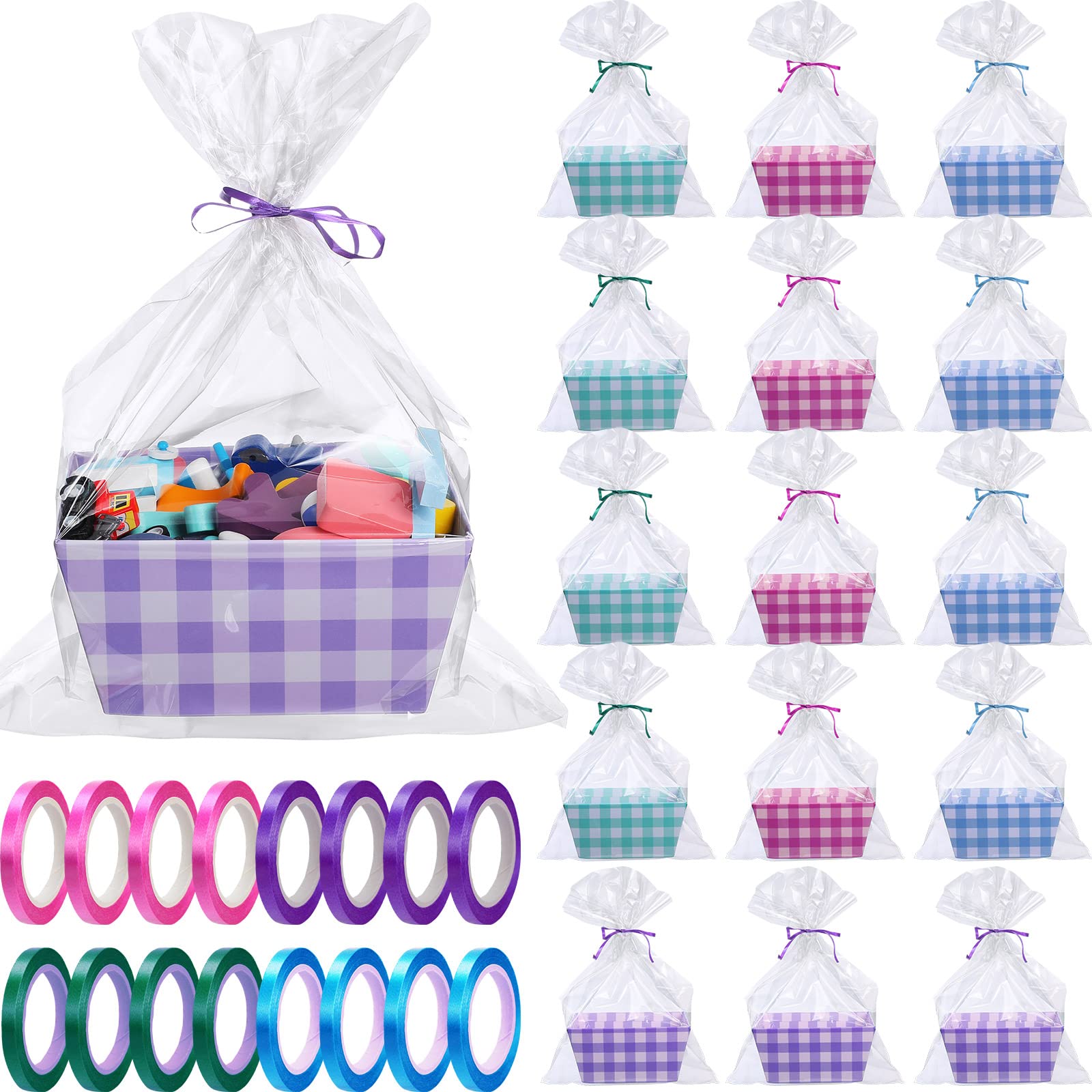 Hoolerry 48 Pcs Basket for Gifts Empty Kit Includes 16 Pcs Gift Basket Empty 16 Pcs Clear Cellophane Bags 16 Rolls of Ribbon Buffalo Plaid Tray Favor for Wedding Birthday Christmas Gift Package