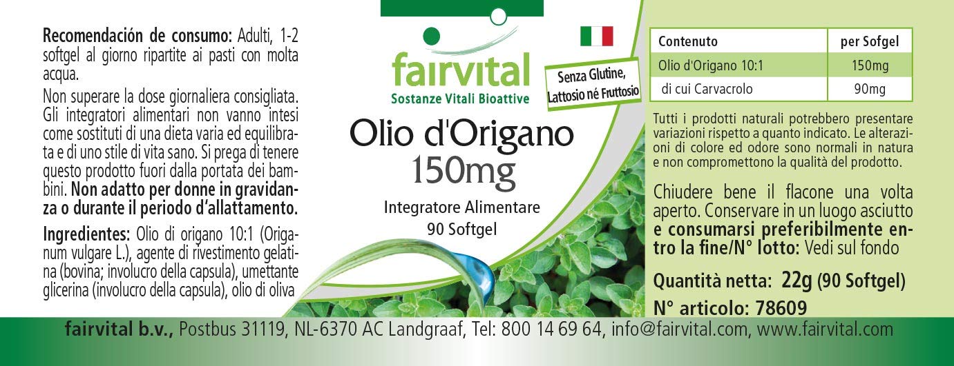 fairvital Capsule di olio di origano 150 mg, 90 capsule molli, facili da deglutire, ALTO DOSAGGIO, estratto di olio di origano 10:1, Origanum vulgare