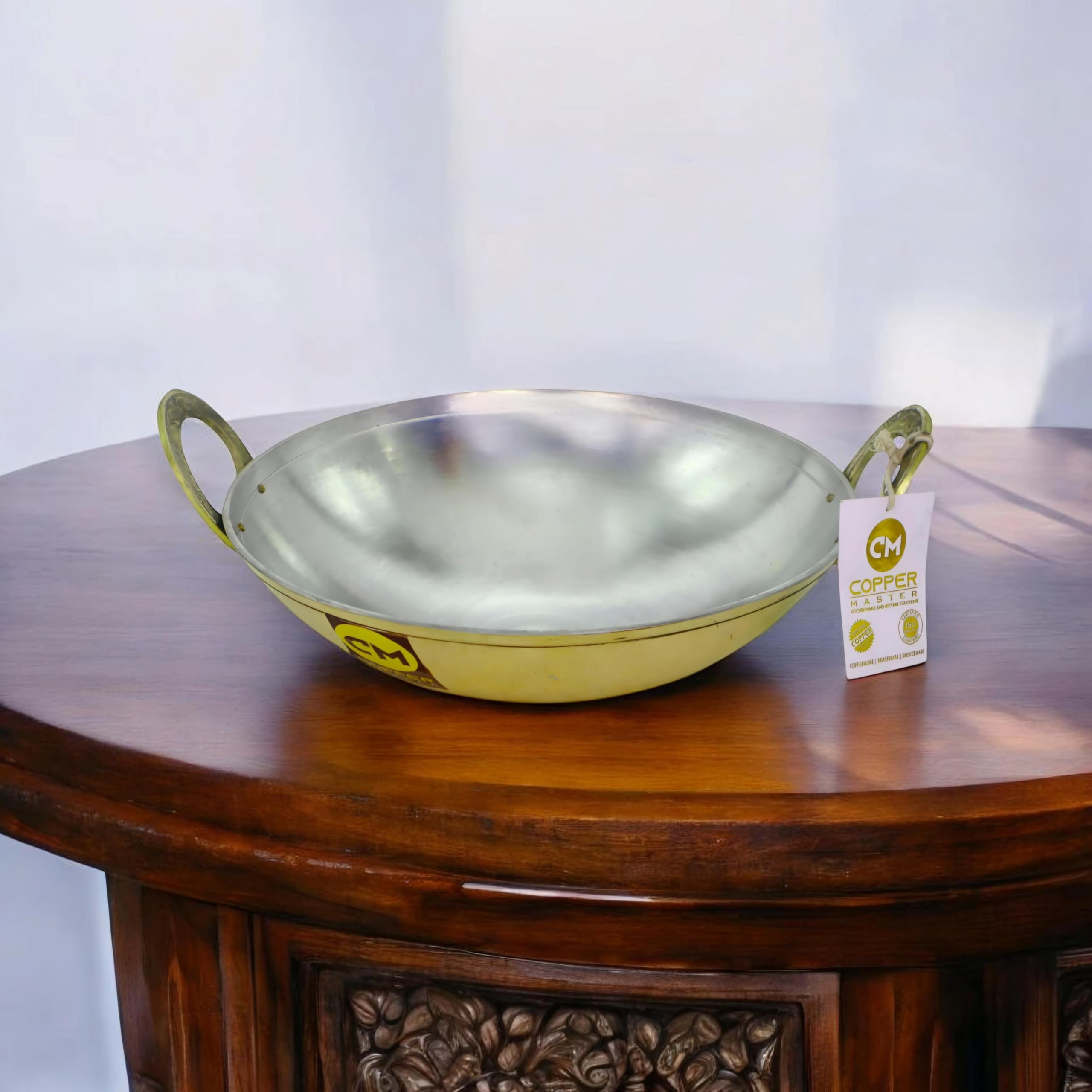 Copper-Master Pure Brass Heavy Weight Kadhai Tin Coated for Cooking Food Veg or Non-Veg, Pital Kadai with Kalai Brass Utensils for Kitchen (2000 ML) (Small)