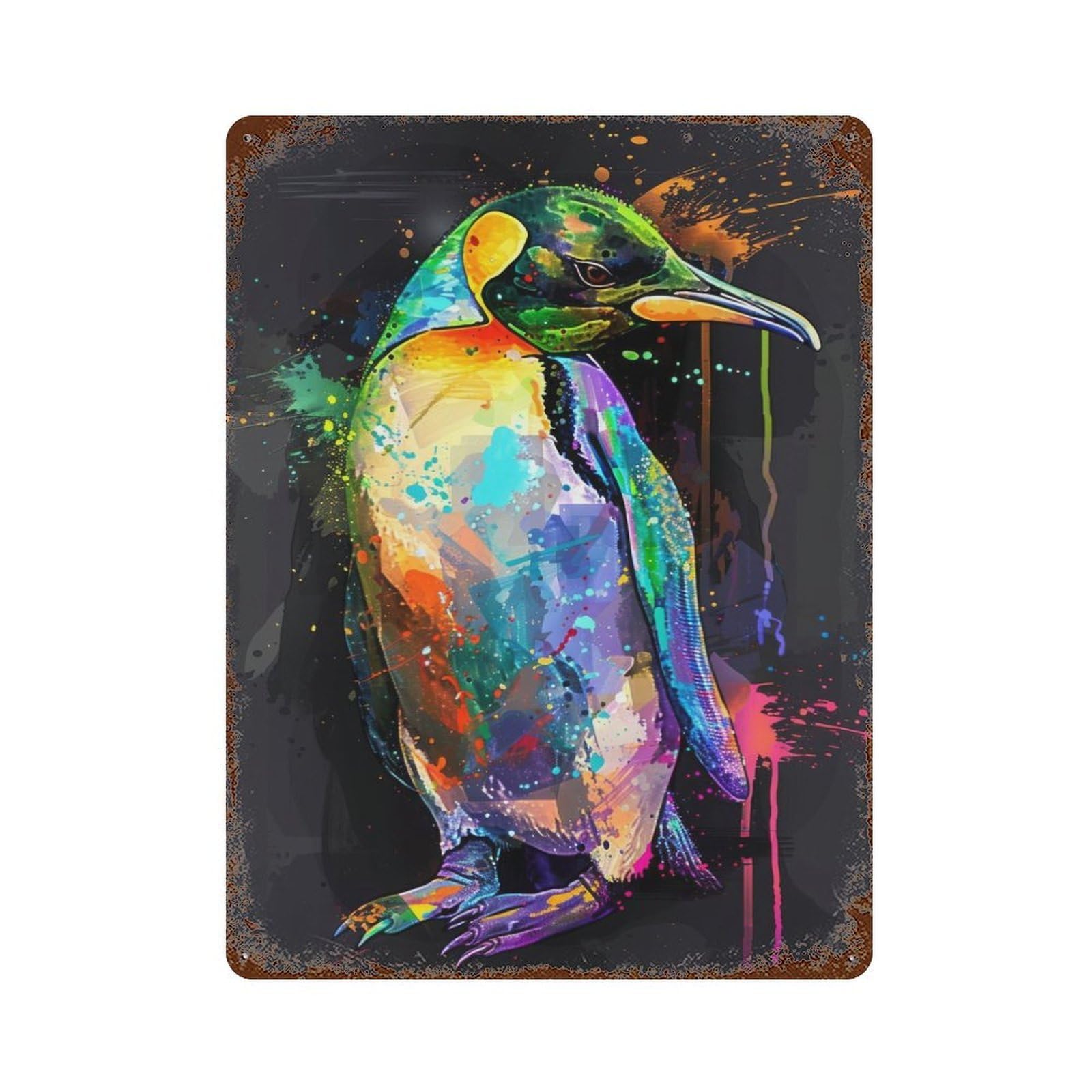 Distressed Metal Wall Sign with Penguin Popart Painting Design 15.7"x11.8", for Living Room, Hallway And Home Decor, Vintage Wall Decor