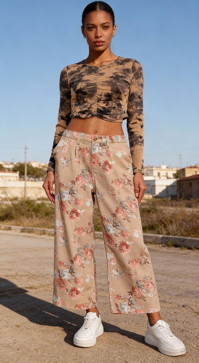 loveimgs Women Mid Rise Cropped Wide Leg Jeans Baggy Floral Ankle Pants Denim Capris Flare Print Boho Palazzo Jeans Boyfriend - Image 6