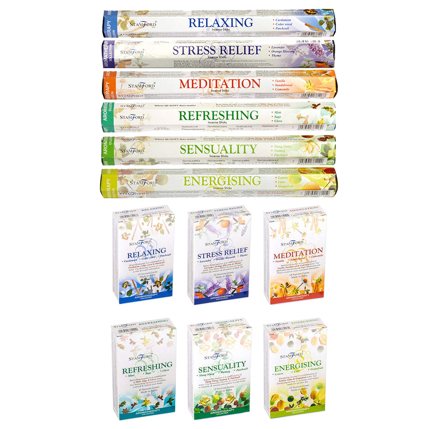 STAMFORD INC Premium Aromatherapy Incense Cones and Sticks - Relaxing, Stress Relief, Meditation, Refreshing, Sensuality & Energising Incense gift pack With Free Shakti Incense Stick
