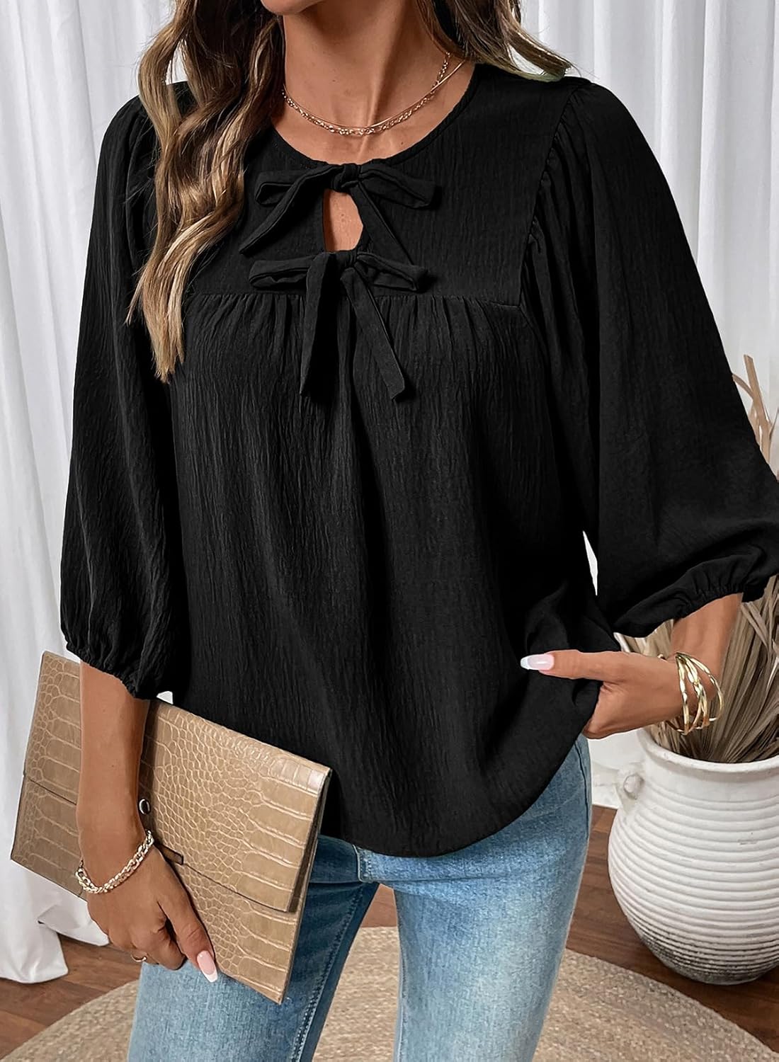 SHEWIN Womens Tops 3/4 Sleeves Blouse Babydoll Dressy Casual Top Elegant Bow Tie Loose Ladies Shirts 2026 - Image 4