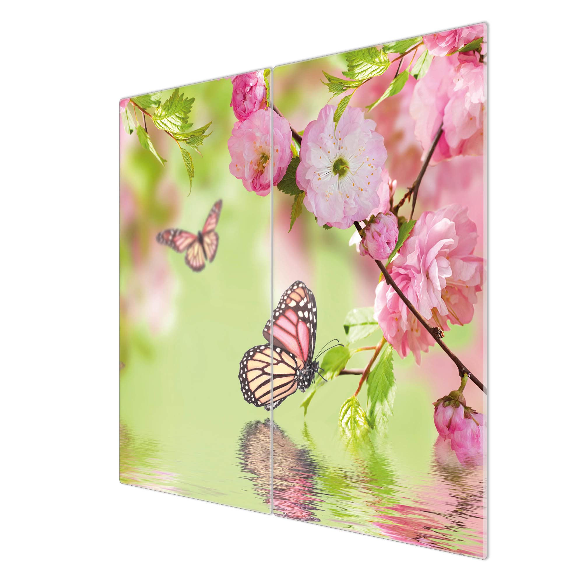 banjado Ceranfeld Abdeckung Glas 2-teilig 60x52 cm, Herdabdeckplatten und Schneidebrett Küche aus gehärtetem Glas, dekorativer Küchen Spritzschutz Blumen & Pflanzen mit Motiv Japanische Kirschblüte