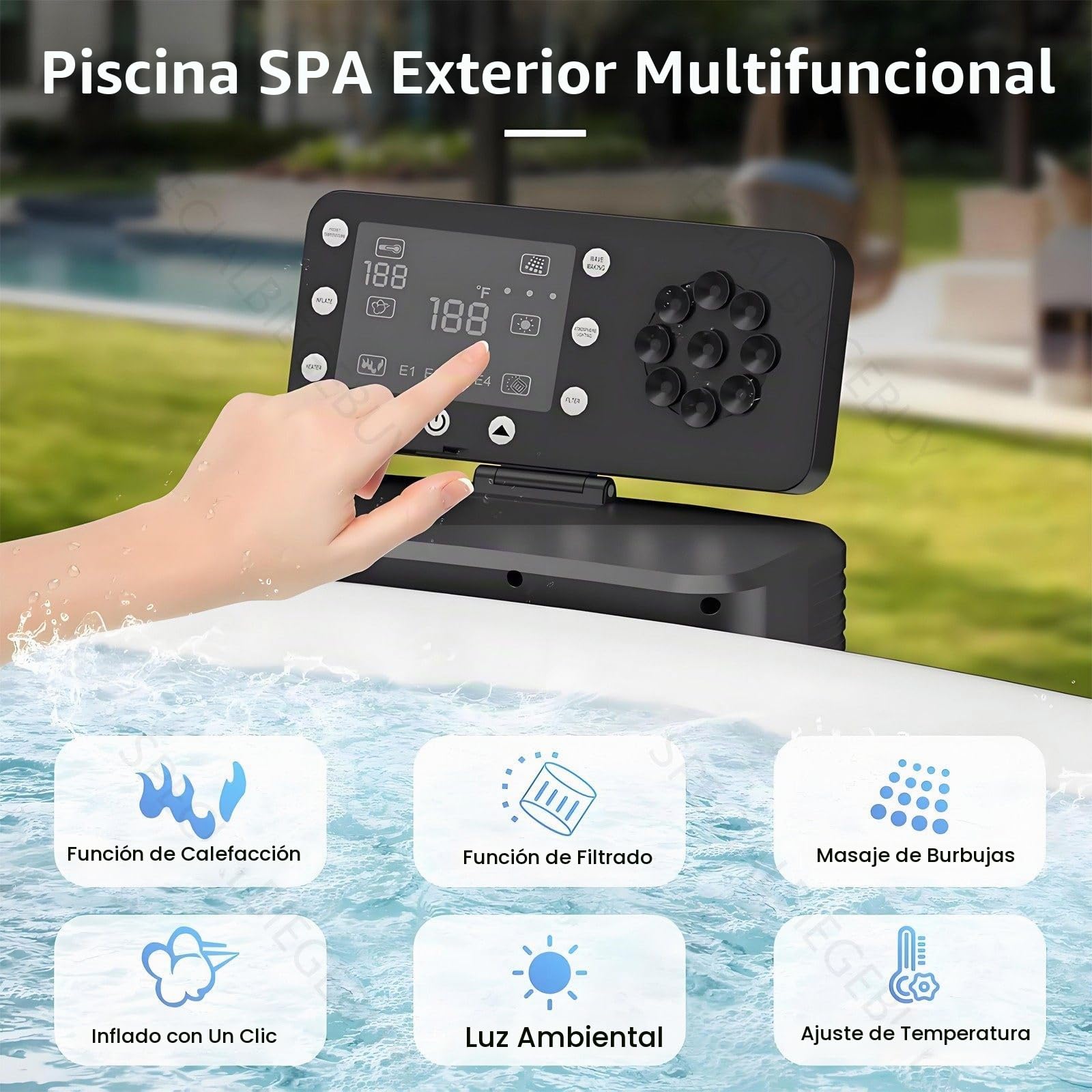 Bañera Inflable PVC Premium Antifugas 81,1×27,9 Pulgadas, Spa Exterior Rígido Portátil Para 6 Personas, 150 Chorros Masaje, Bomba Calefactora Inteligente, Circulación PTC, Calefacción Baja, 6 Modos