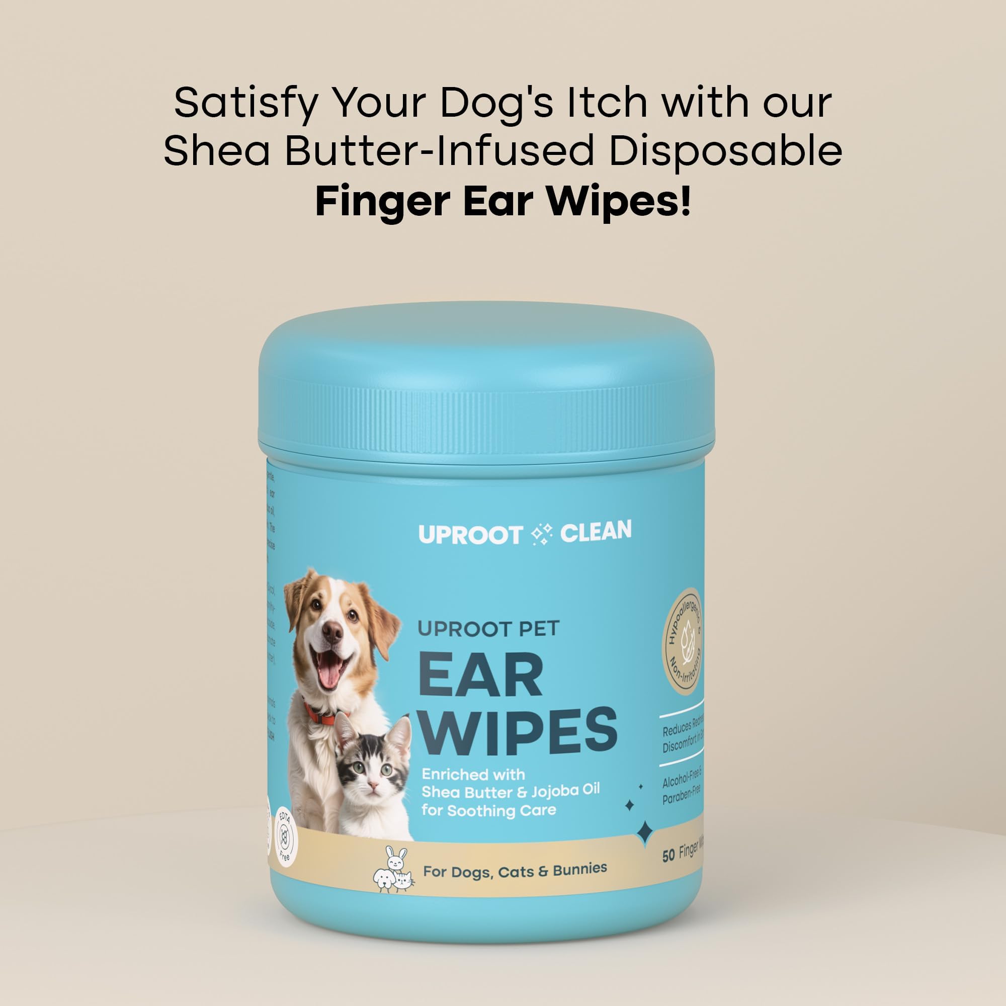Uproot Clean Cat & Dog Ear Cleaner Finger Wipes (50ct.): Disposable Dog Ear Wipes Enriched with Shea Butter & Jojoba Oil - Cleaner Removing Wax Build Up, Help with Odor Discomfort - image 2