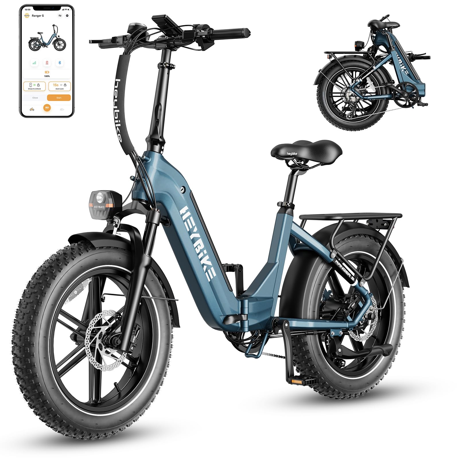 Heybike Ranger S Electric Bike for Adults, Foldable 1500W Peak Motor 28 MPH Ebike, 20"4" Fat Tire Step-Thru Electric Bicycle, 48V 14.4AH Removable Battery Commuter E Bike with Hydraulic Brakes & Fork