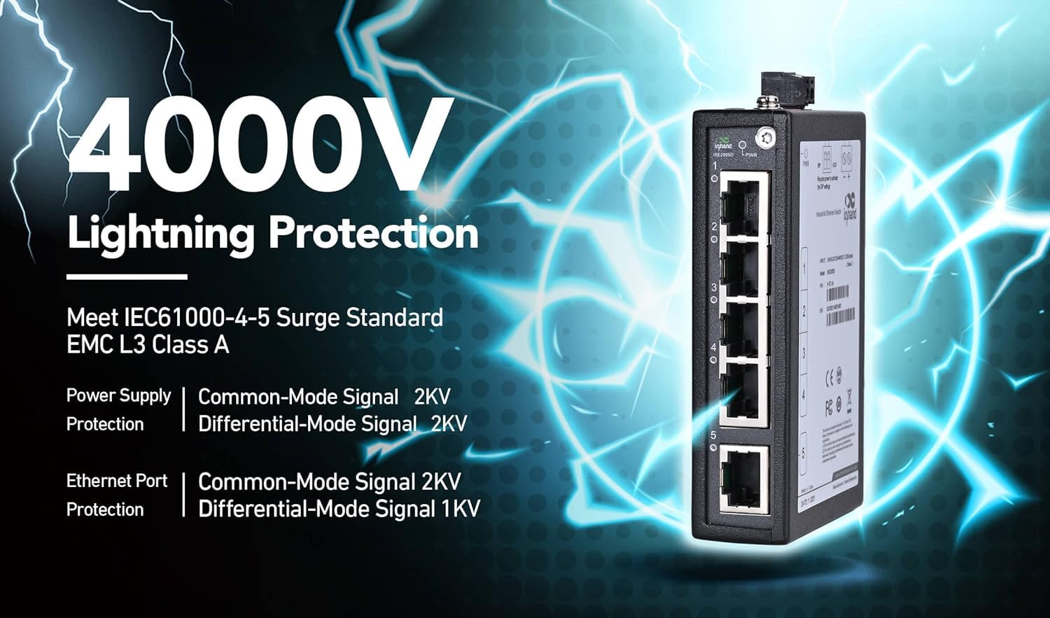 InHand Networks ISE2005D Switch Ethernet Industriale 5 Porte 10/100 Mbps, Switch di Rete Non Gestito per Guida DIN, Ultra Compatto, da -40°C a +75°C, Certificato CE/UL (Morsettiera Inclusa)