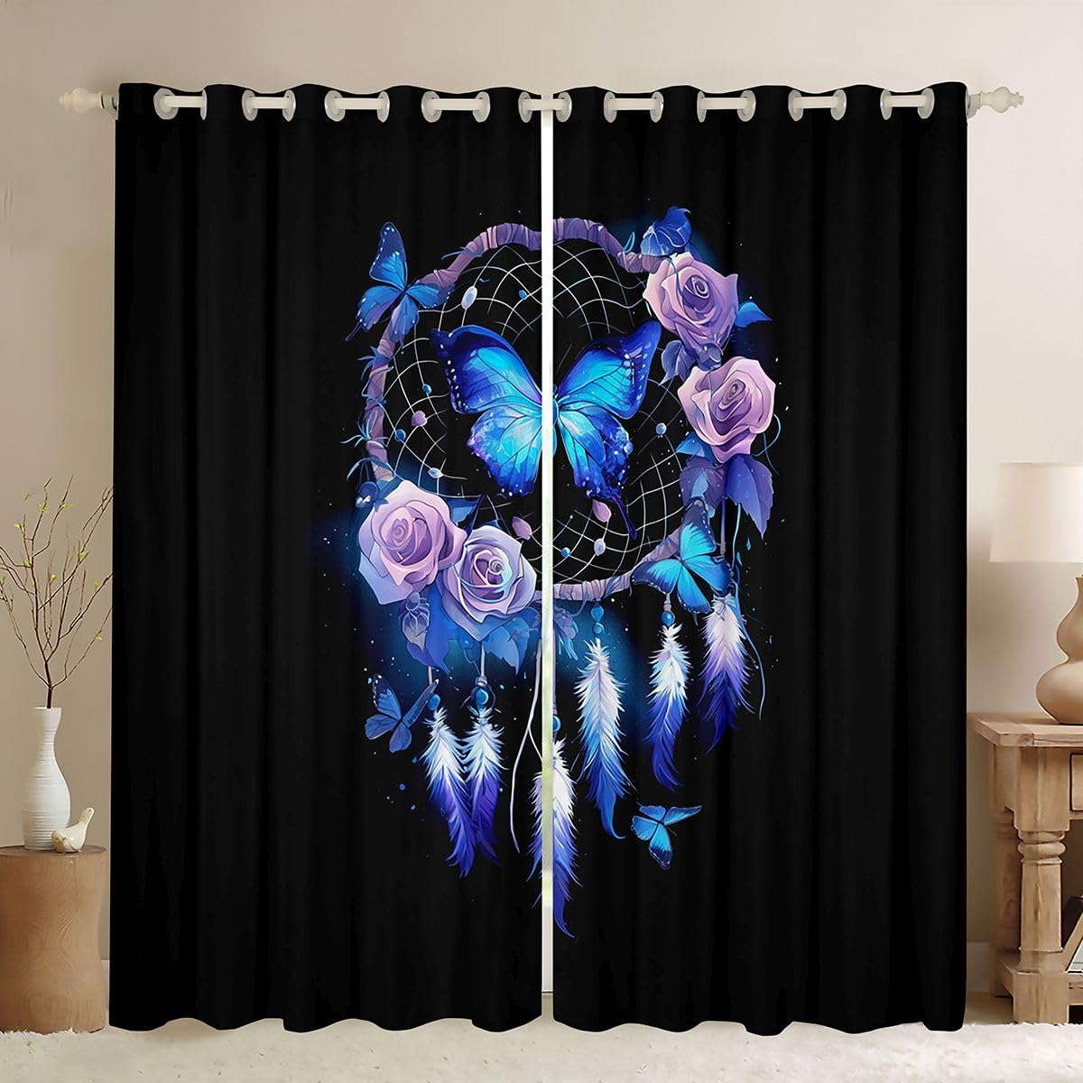 Homewish Schmetterling Traumfänger Verdunkelungsvorhänge 175x140(HxB) Boho Traumfänger Gardinen Blickdicht Lila Rose Vorhang Fantasie Verträumt Vorhänge Schlafzimmer 2 Paneele
