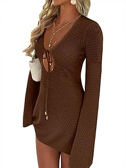 ANRABESS Swimsuit Cover Up for Women Crochet Bathing Suit 2026 Summer Swimwear V Neck Mesh Knit Dress Beach Vacation Clothes