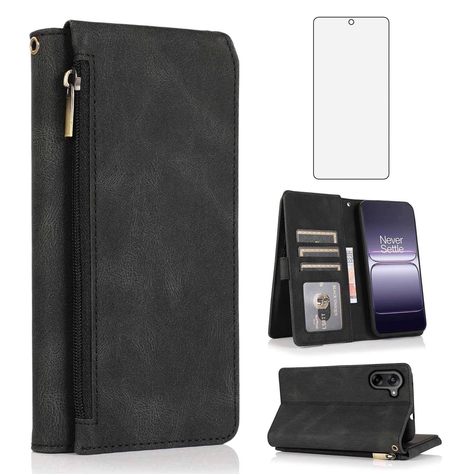 Compatible with OnePlus Nord CE5 5G Wallet Case Screen Protector Zipper Retro Leather Flip Cover Card Holder Stand Cell Accessories for One Plus 1 Plus 1plus NordCE5 One+ 1+ CE 5 G5 CPH2719 Black