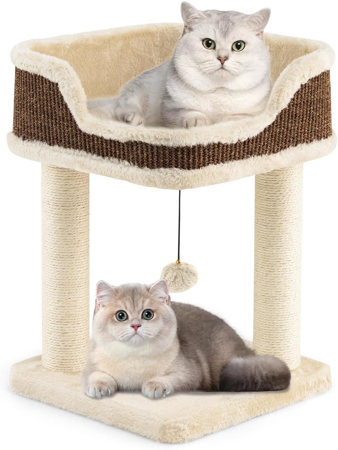COSTWAY Small Cat Scratching Post with Large Plush Seat Ball & Sisal Scratching Posts Wooden Cat Scratching Post Cat Furniture Climbing Tree Activity Tree Play Tree Cat Tower 38 x 38 x 51 cm Beige