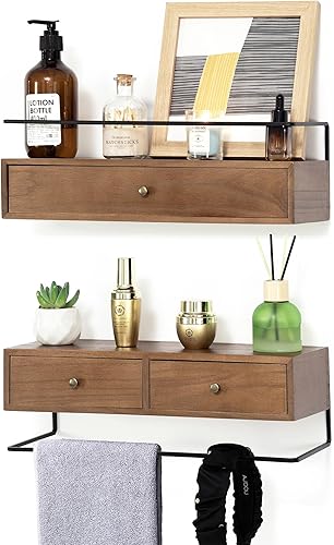 Miniatura 12 de Estantes flotantes con cajones, juego de 2 - Almacenamiento montado en la pared para baño, sala de estar, cocina - Decoración de pared de madera