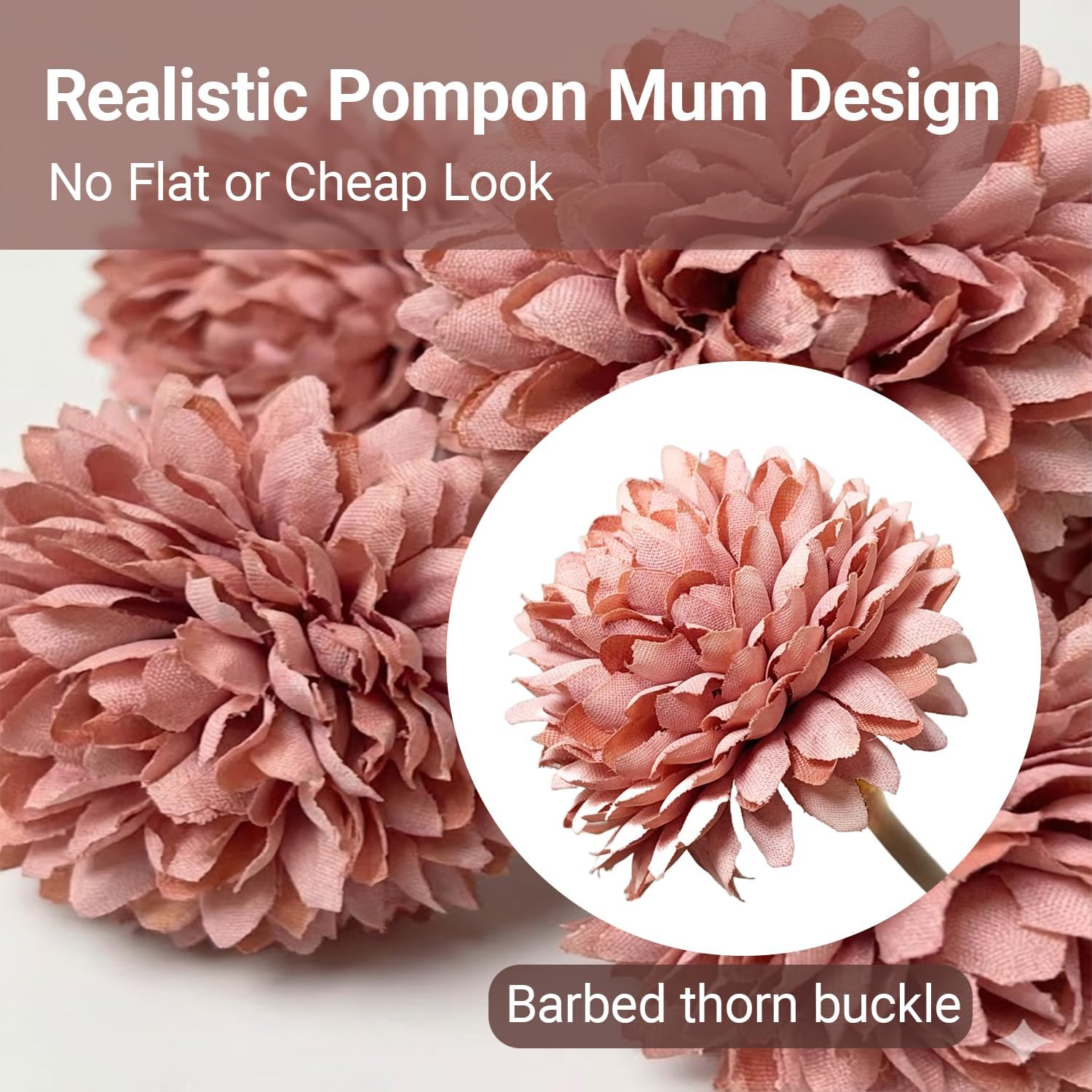 6pcs Artificial Flowers Faux Silk Pompon Mum Realistic Fake Mum Flowers with Full Petals, Premium Fabric Floral Stems for Vase, Table Centerpiece, Home and Wedding Decor