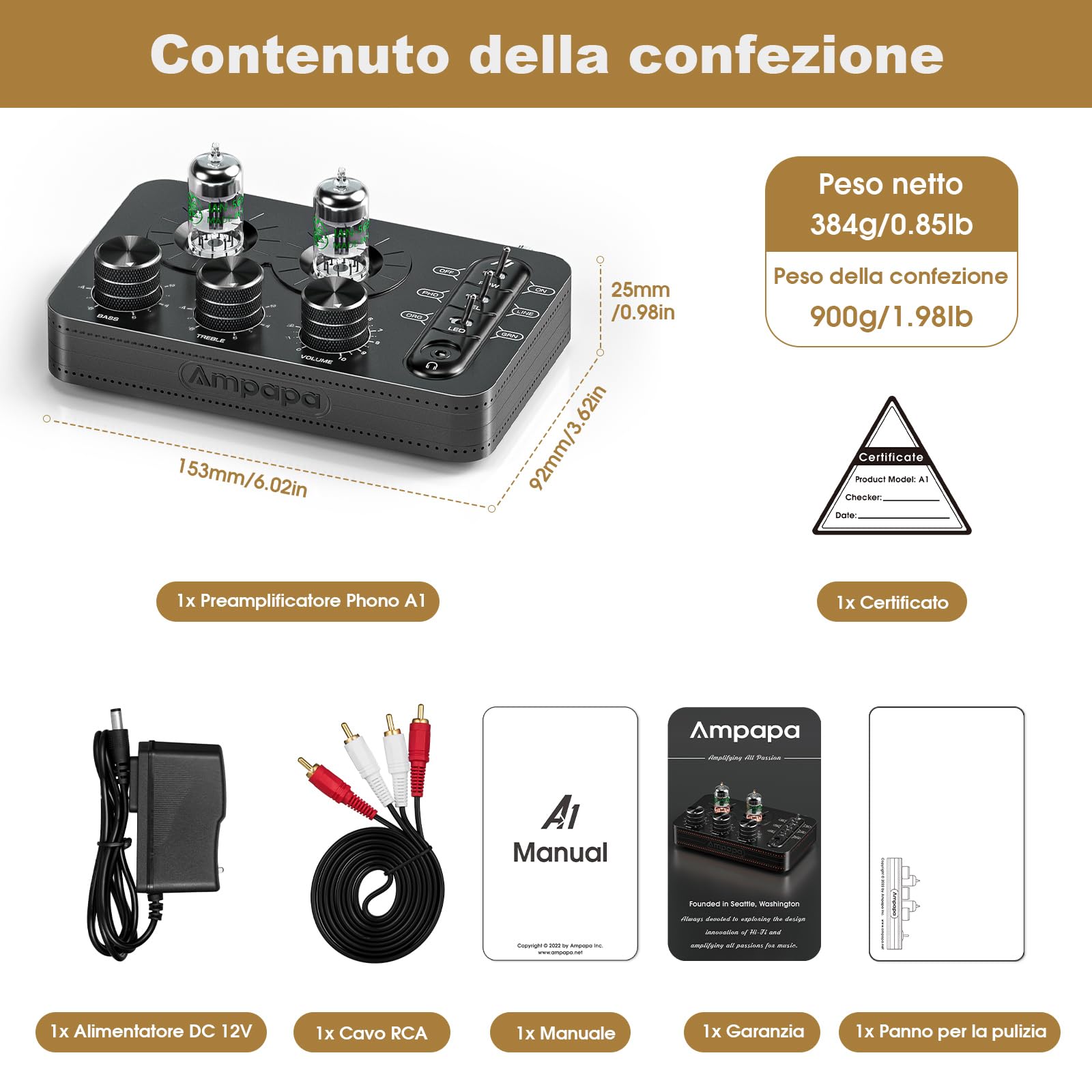 A1 Preamplificatore per Tubi Phono: Preamplificatore Audio Hi-Fi, Amplificatore per Cuffie, Giradischi MM