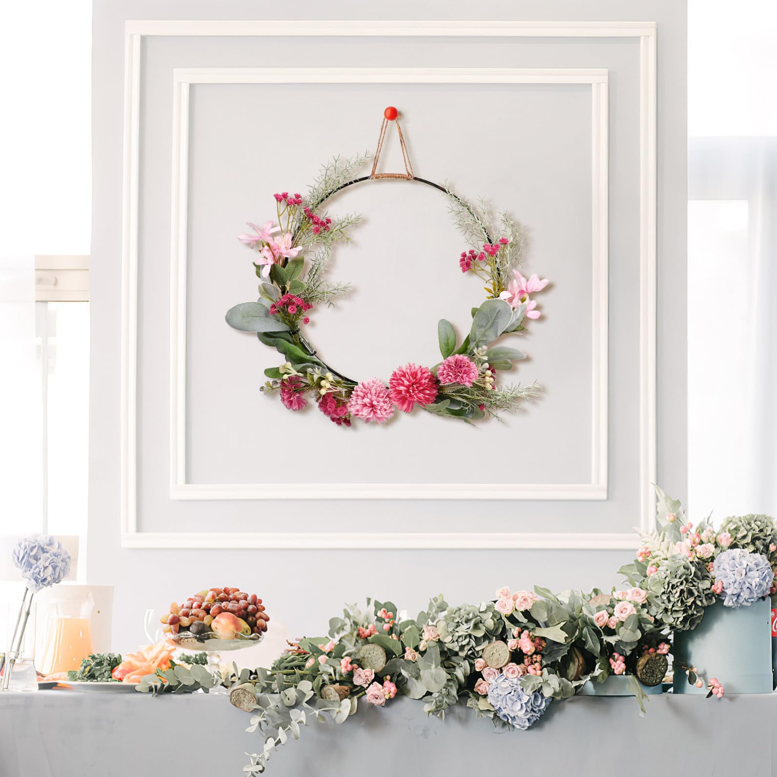 ABOOFAN Metall Türkranz Osterkranz Frühlingskranz Künstliche Blumen Metallring Eukalyptus Kranz Girlande Nelken Blumenkranz Floral Wandkranz Ostern Frühling Haustür Deko