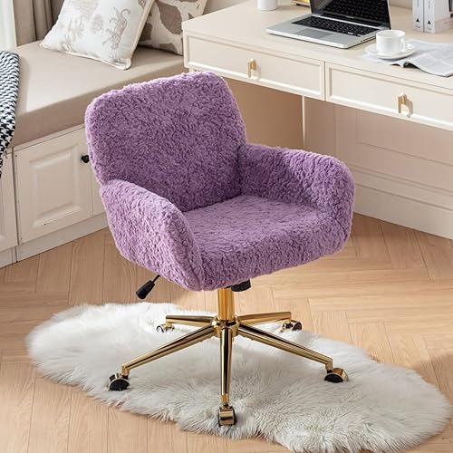 Miniatura 16 de Goujxcy Silla de escritorio esponjosa, silla de tocador de piel sintética, silla giratoria de oficina para niñas y mujeres, altura ajustable, lindas