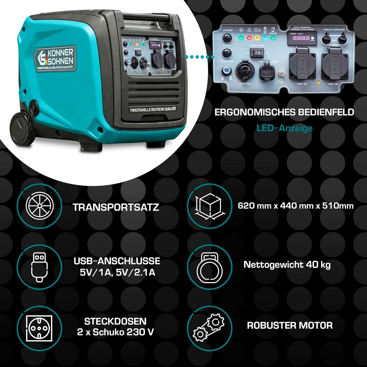 Generador de gas GLP KS 4000iEG S de Könner & Sönen, generador de energía de gas 4000 W, 2 x 16 A (230 V), 2 puertos USB,generador de energía gasolina silencioso, EURO V