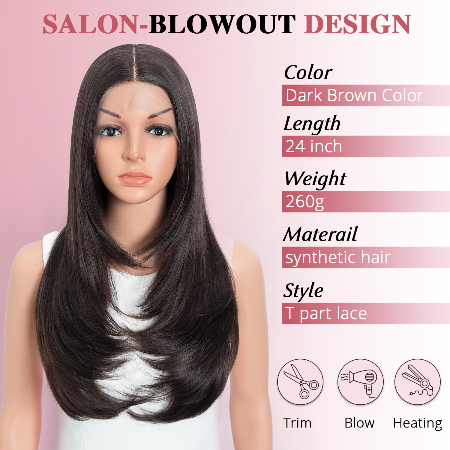 Style Icon Long Layered Wig Straight Synthetic Lace Front Wig 24 inch Middle Part Lace for Women 13x5x1 T Part Heat Resistant Fiber for Daily Party (F5/6A)