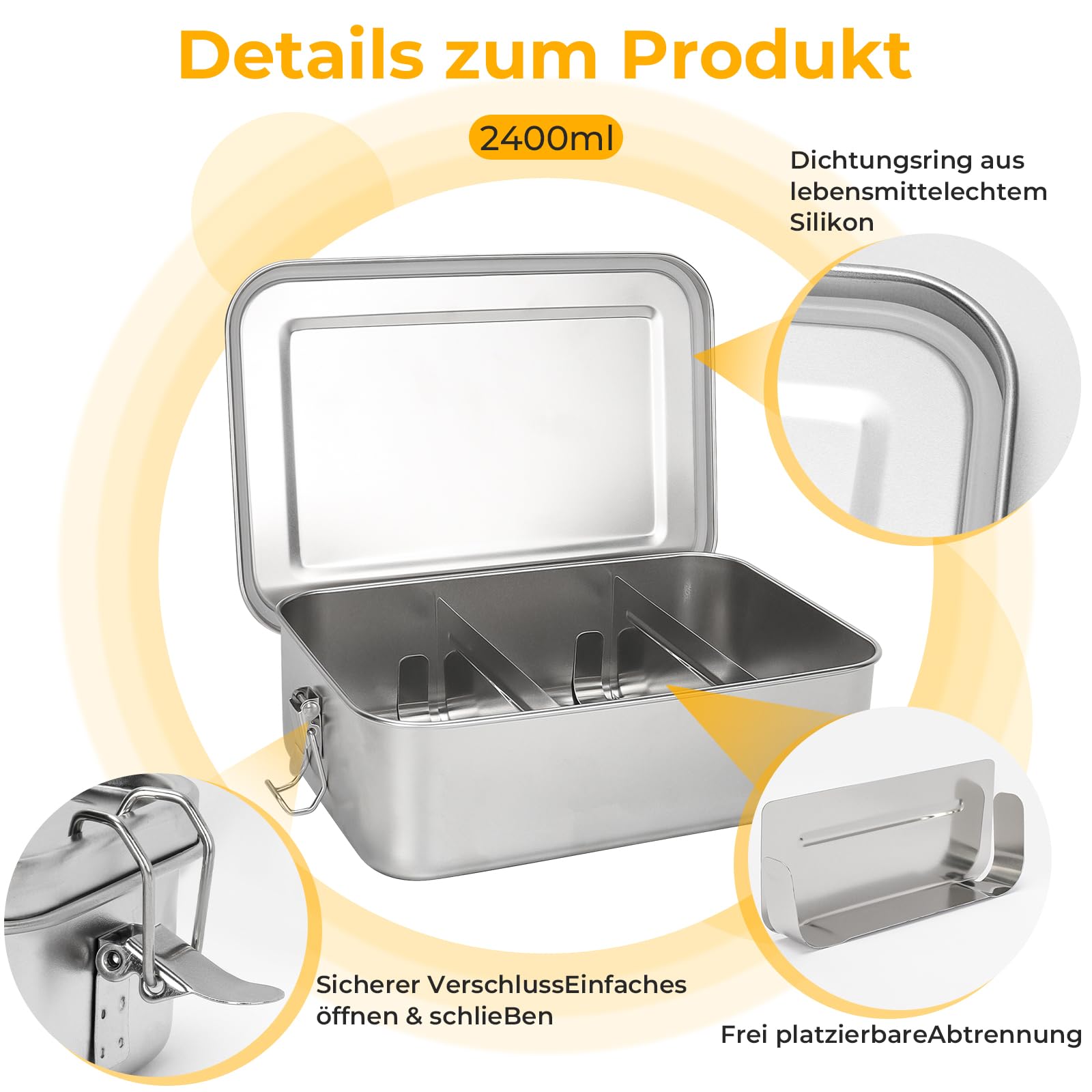 Contenitore per il pranzo in acciaio inox, 2400 ml, impermeabile, con scomparti e guarnizioni per scuola, lavoro, picnic, sostenibile ed ecologico, senza BPA, per studenti, adulti